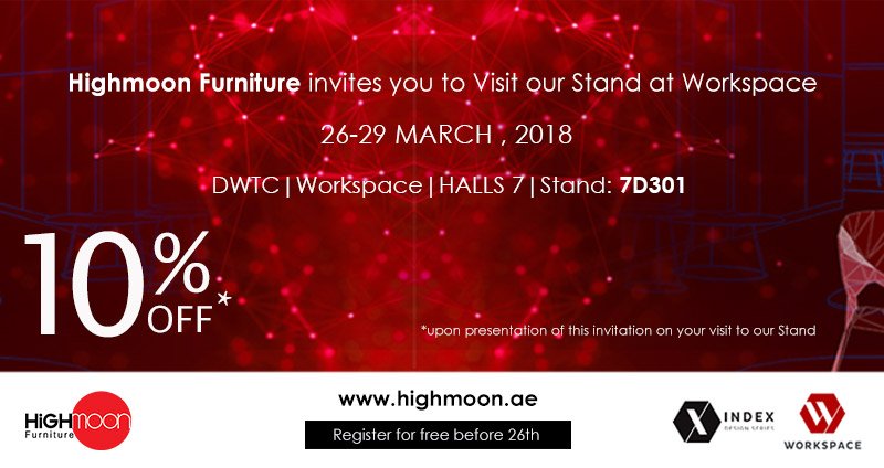 Join us at WORKSPACE 2018!
The exhibition is only free to attend for visitors who register online before 26.03.18 Visit goo.gl/sNMnQP #INDEXDubai #Indexexhibition #Dubaimall #Mydubai #Highmoonfurniture