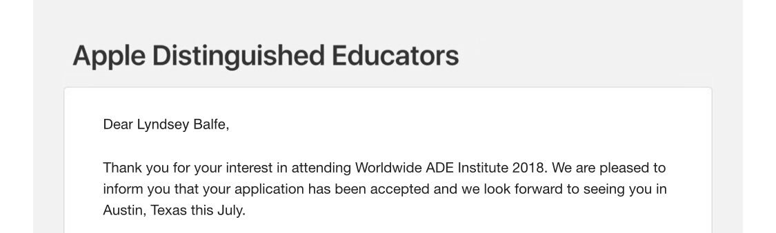 LyndseyBalfe's tweet image. Can't believe I've been selected to go to the Worldwide ADE Institute in Texas this July. So excited to meet more ADE’s. #AppleEDUchat #ADEWW2018