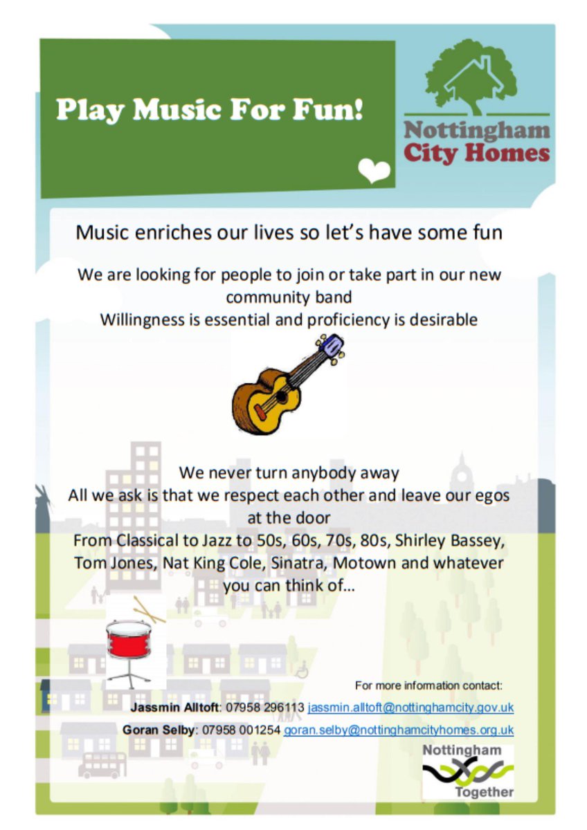 PlayWorksNottm's tweet photo. Our friends at @nottmcityhomes are looking for people to take part in their community band. Check the poster for more info :)

#WeSayItsGoodToPlay @Playworksnottm https://t.co/Ibwj0JmRSW