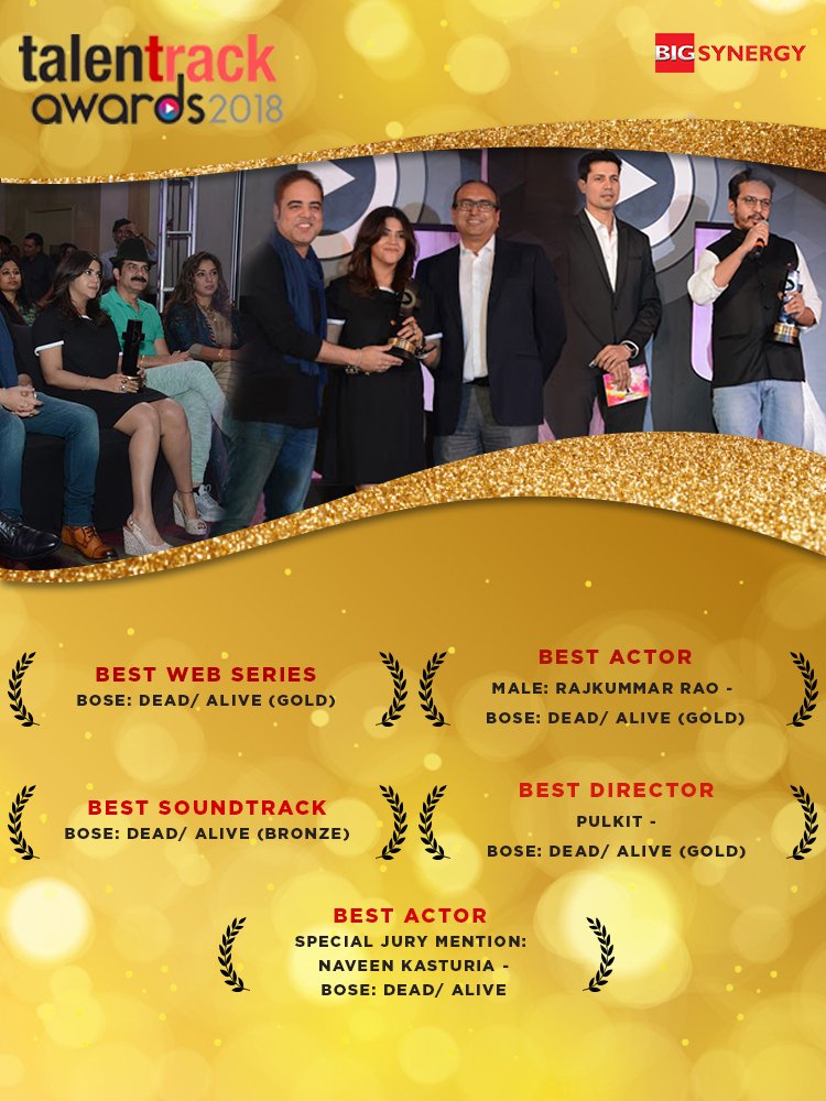 RelBigSynergy's tweet photo. We are pleased to announce that our coveted web series 'Bose:Dead/Alive' has again been awarded as winner in manycategories of the #TalentTrackAwards held on 16th March 2018.
@ektaravikapoor @mehtahansal @Vineet_Bajpai @RajkummarRao @filmypulkit14 @Indranil1601 https://t.co/EddedXTCUk