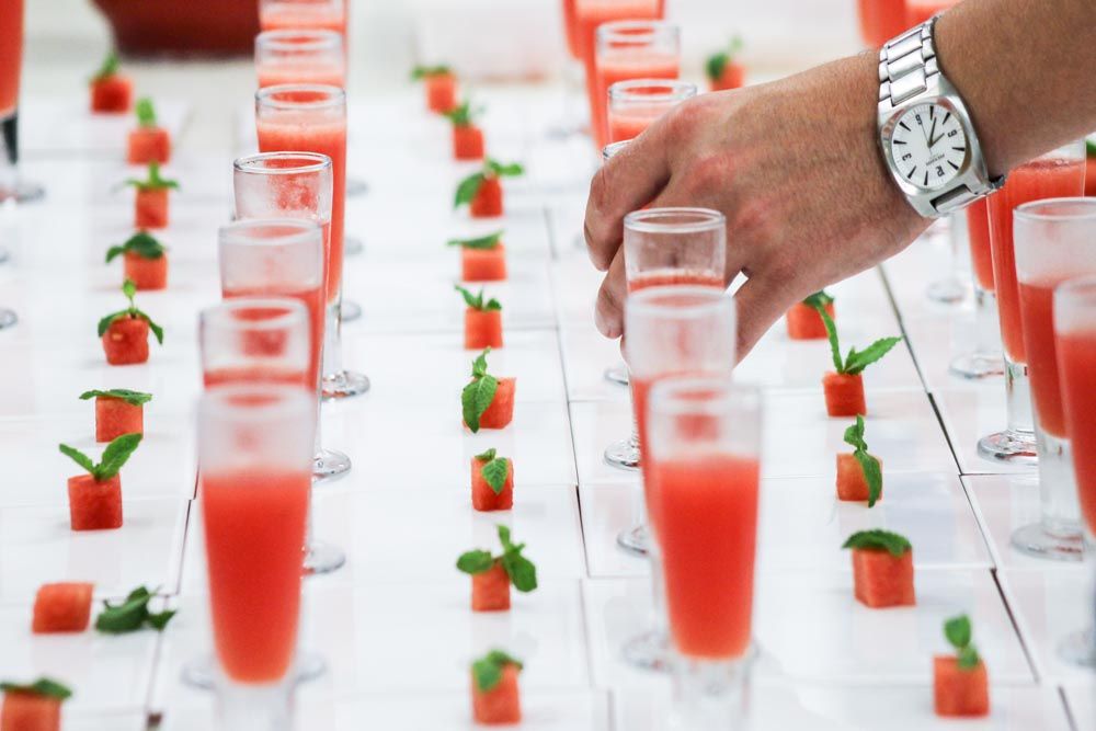 Watermelon Mojito: muddle mint, 2 Tbsp of sugar &amp; 1/4 cup lime juice. Fill shaker w/ ice, 3/4 cup rum, 6 oz watermelon puree &amp; another 1/4 cup  lime juice; shake well. Strain into glasses over ice leaving 1 inch empty, top glass with club soda, garnish with fresh mint &amp; lime.