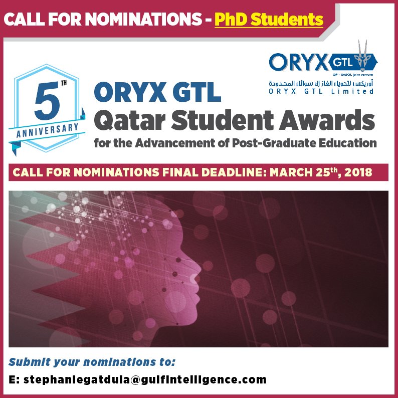 QStudentAwards's tweet photo. Calling all PhD Students! 📢 Deadline for nominations for The 5th @oryxgtl #Qatar Student Awards is in 5 Days--March 25th! find out more here https://t.co/sVmiZl8OTI #postgraduate @TAMUQ @HBKU @cnaq @QF @GUQatar @imperialcollege @QUResearch #Graduate_studies #phdchat #ARC2018 https://t.co/Aoy45S2TqS