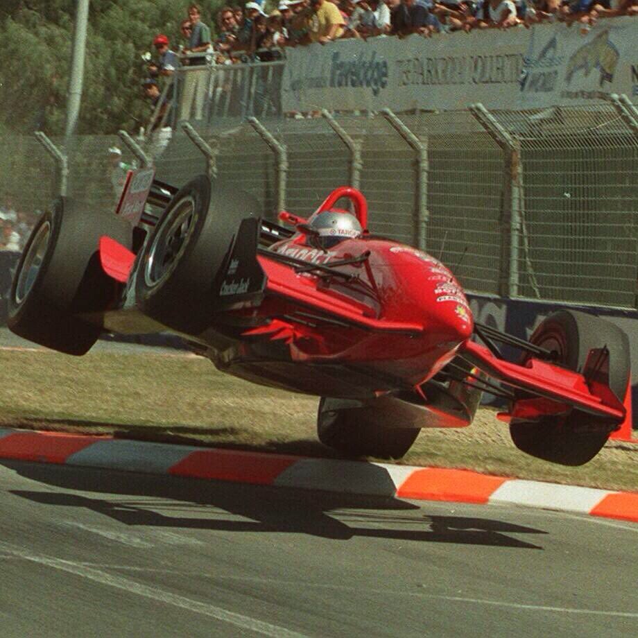 1st @CGRTeams Win 24 years ago, today #SurfersParadise; @michaelandretti in qualifying never turned/launched straight over entry curb; used flight path to clear the exit curbing. Pix is the landing; Only thing broken were intercooler mounts #Reynard 94-05