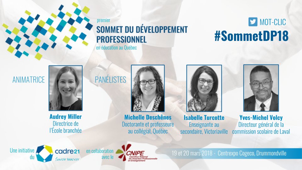 LeCADRE21's tweet photo. #SommetDP18 Pour suivre la discussion du panel animé par @millaudrey avec @mideschenes @isabelletur et Yves-Michel Volcy ce matin, nous diffusons en direct sur notre page Facebook -> https://t.co/60ZtMjgQCt

#EduQC #DevProf #CADRE21 avec @cnipe https://t.co/NUC2KkInDc