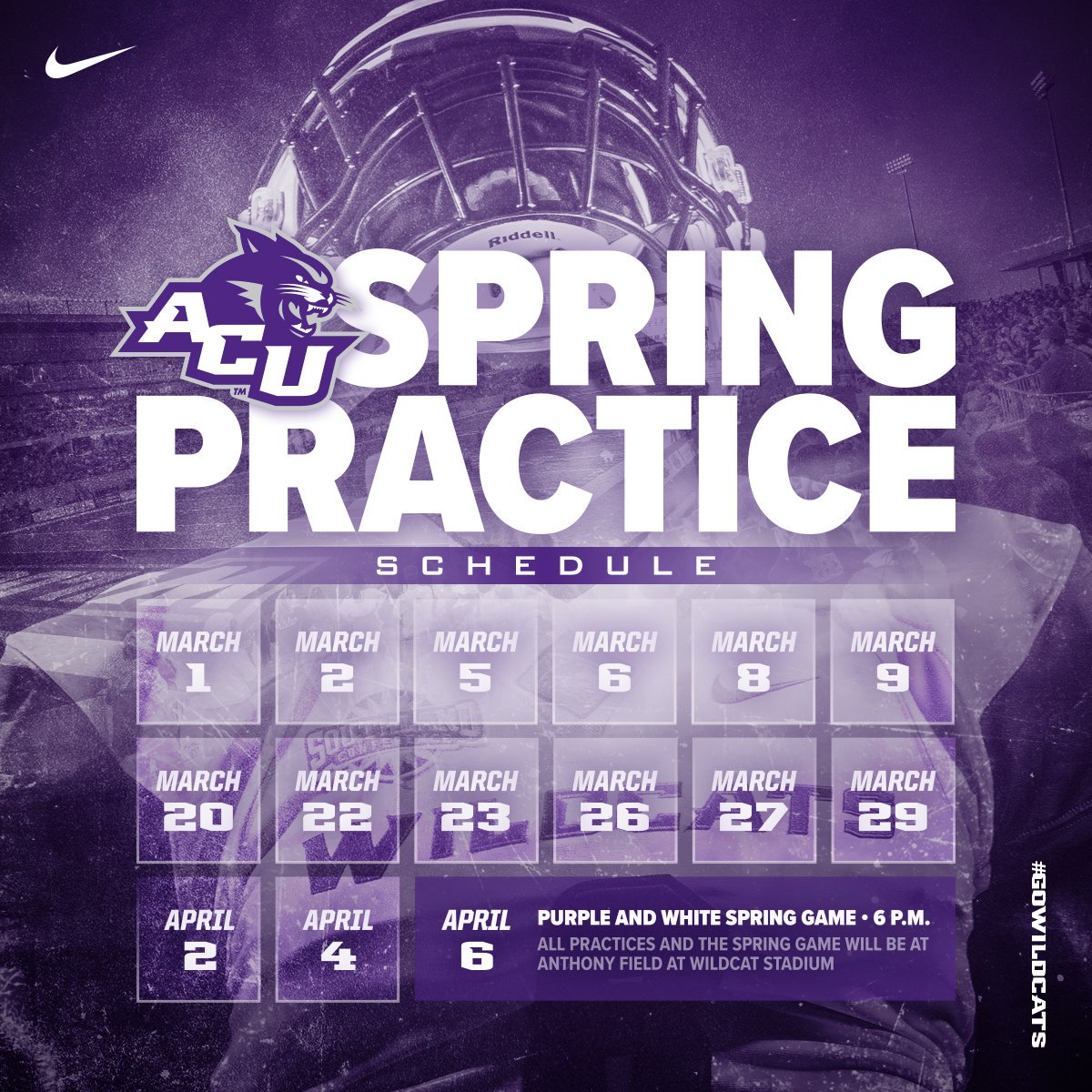 ACUFootball's tweet photo. Practice resumes today for the Wildcats! A friendly reminder to mark your calendars for the Purple and White Spring Game on April 6th!

✔Food
✔Inflatables
✔Giveaways
✔Wildcat Football

Kickoff will start at 6:00 PM. We will see you there! #ACUFootball https://t.co/g3ot93ebtA