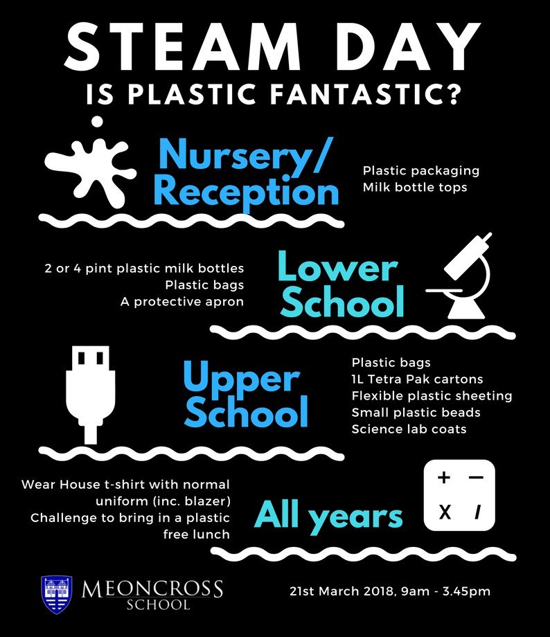 Meoncross's tweet photo. Remember its STEAM day tomorrow! We would be very grateful if students could bring in a variety of plastic materials please see details below, we are looking forward to an exciting day. #mxsteamschool #plastic https://t.co/swuRO2e1Di