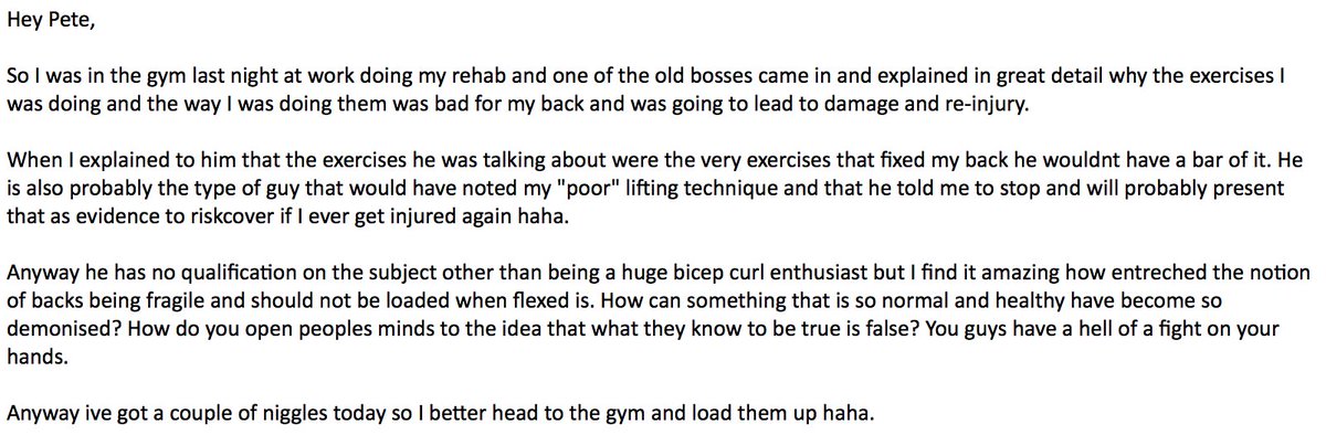 PeteOSullivanPT's tweet photo. WONDERFUL INSIGHT FROM PREVIOUSLY DISABLED MAN RE LIFTING TECHNIQUE: "How  can something that is so normal and healthy have become so demonised?  How do you open peoples minds to the idea that what they know to be true is false? You guys have a hell of a fight on your hands." https://t.co/sCBtOz9rOE