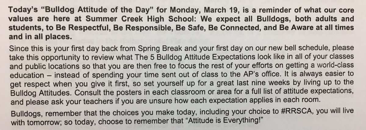DMPfannstiel's tweet photo. All week @HumbleISD_SCHS, our #RRSCA Daily Attitude will be a post-Spring Break review of our expectations and core values. Here are the one’s for yesterday and today. #SCHSweareone #TheBESTistheSTANDARD https://t.co/zy9lXzam9B