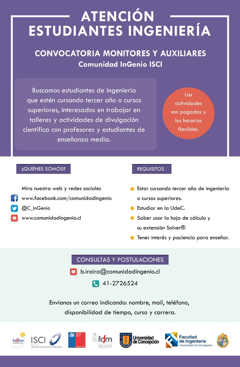 C_InGenio's tweet photo. [Concepción]  OFERTA LABORAL PARA UNIVERSITARIOS: Si eres estudiante de ingeniería @fiudec el siguiente llamado puede ser interesante para ti... https://t.co/zk6AMo22zg