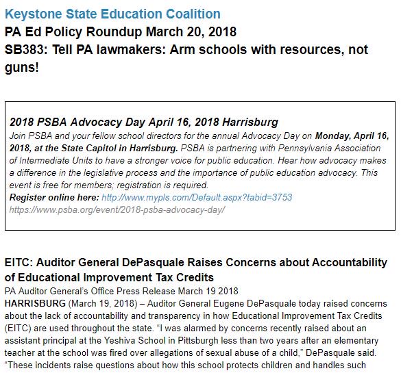 lfeinberg's tweet photo. Keystone State Education Coalition
PA Ed Policy Roundup March 20, 2018
#SB383: Tell PA lawmakers: Arm schools with resources, not guns!
https://t.co/3b5JUFEWnH https://t.co/rkXbGl7YYa