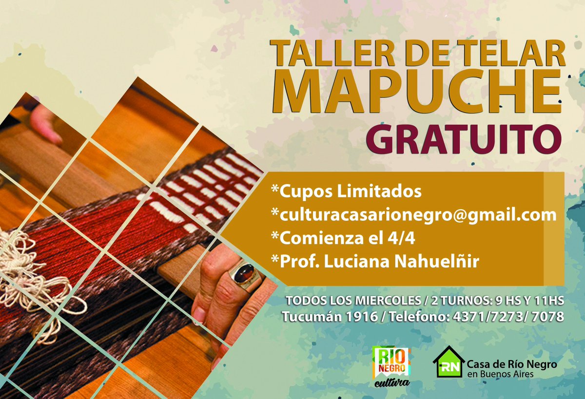 CasaRioNegro's tweet photo. ⚠ATENCIÓN⚠ | Con la #SecretaríaDeCulturaRN los invitamos a participar un año más del taller de #TelarMapuche ! Las inscripciones ya están abiertas ;) #RioNegroTieneTodo #RioNegroEstaBuenisimo https://t.co/gwia2JhLrz