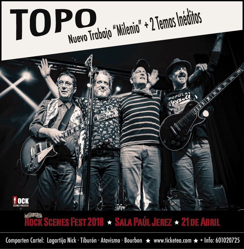 culturaenvivo's tweet image. #TOPO en #RockScenesFest2018
21/4 -Sala Paúl. En cartel: LAGARTIJA NICK, BOURBON, ATAVISMO Y TIBURÓN. TOPO es historia d rock español. Fundadores d ASFALTO, +17 discos, autores d “Días de Escuela”, “Rocinante”, “Capitán Trueno”. Llegan cargados d energía c nuevo trabajo “Milenio”