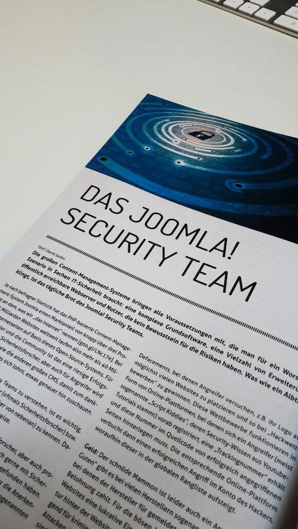 djumla's tweet photo. David, seines Zeichens Joomla!-Security-Strike-Team-Lead, durfte sich in der neusten Ausgabe der @screengui_de verewigen und hat ein wenig über die Arbeit im Security Team berichtet. #joomla #security https://t.co/ZZNKaqCavo