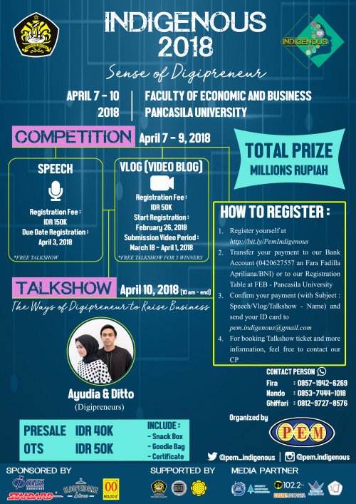 EventJakartaCom's tweet photo. Speech (150k) &amp; Vlog (50k) | Talkshow (pre 40k &amp; OTS 50K) | April 7 -10, 2018 | Register yourself and Join us! | Informasi: @pem_indigenous https://t.co/N7bZihyW4F