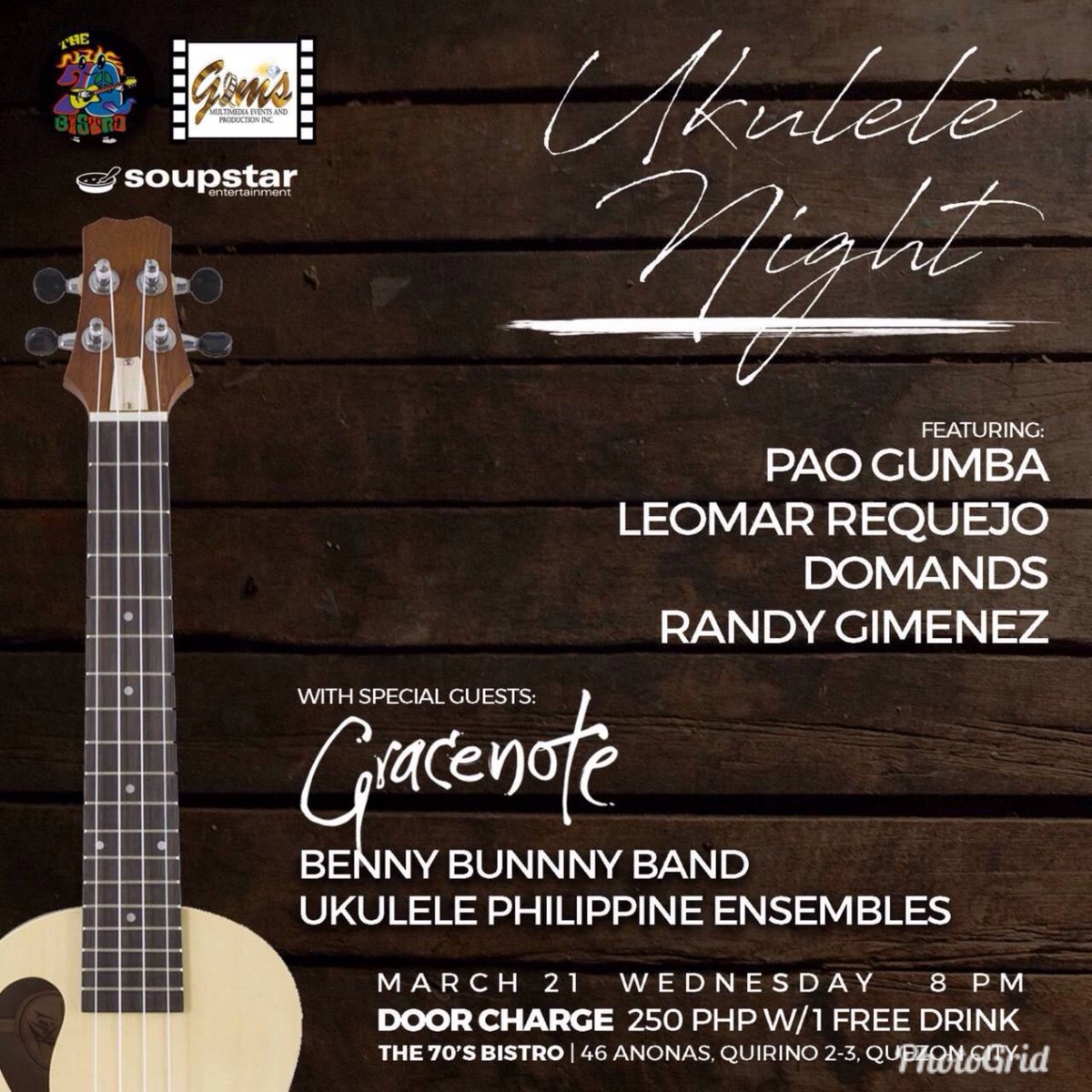 JazzGracenote's tweet photo. 70s Bistro tomorrow for the Ukulele night, who's coming? 🙋 Be there by 8pm. 250php door charge. Bring a friend, we'd love to see your beautiful faces! 

📸 @shenipie 

#Gracenote
#Soupstar
#70sBistro
#UkuleleNight https://t.co/4F7gU98UvO