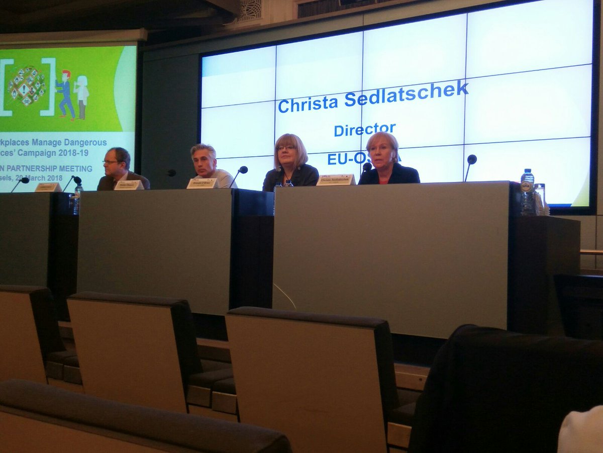 EU_OSHA's tweet photo. Dr Christa Sedlatschek opens HWC #DangerousSubstances EU partnership meeting in #Brussels welcoming campaign &amp; media partners, highlighting @EU_social support to #EUhealthyworkplaces and @EU_OSHA’s commitment to European Pillar of #SocialRights https://t.co/yd24csoVRs