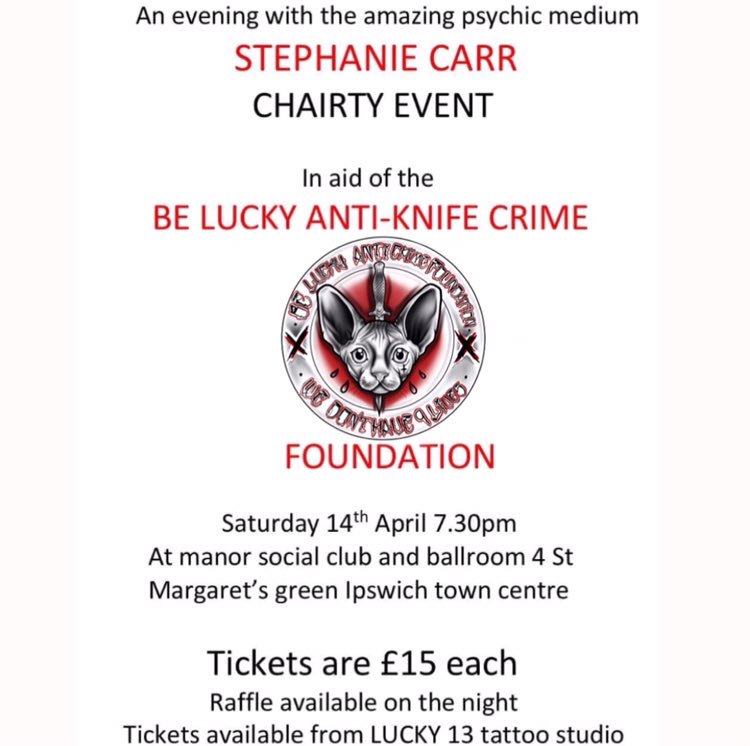 lucky13ipwich's tweet photo. #Stephaniecarr #medium  #amazing  #charity #event  #beluckyantiknifecrime #foundation #getyourticketsfrom  #lucky13ipswich #tattoostudio #ipswich #suffolk https://t.co/dycef7Ox6E