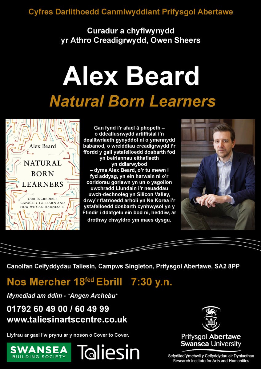 Professor in Creativity <a href="/owensheers/">Owen Sheers FRSL</a> presents two fantastic events in the Spring series of <a href="/Swanseauni/">Swansea University</a> Centenary Lectures. First up on 18th April is a FREE event that sees education insider <a href="/alexfbeard/">Alex Beard</a> take us on a dazzling tour of the future of learning! swansea.ac.uk/riah/creativit…