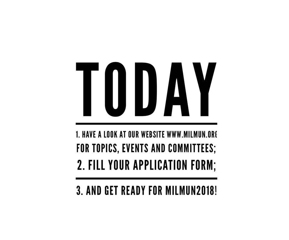 milmun's tweet photo. Fellow delegates,
TODAY is the last day to submit your applications:
It’s easy as one, two, three:)
1. Have a look at our website  https://t.co/z8i4MX4xDX  for topics, events and committees;
2. Fill your application form;
3. And get ready for #MILMUN2018!
https://t.co/oEALiJH9lW https://t.co/f9Pwu3onrs