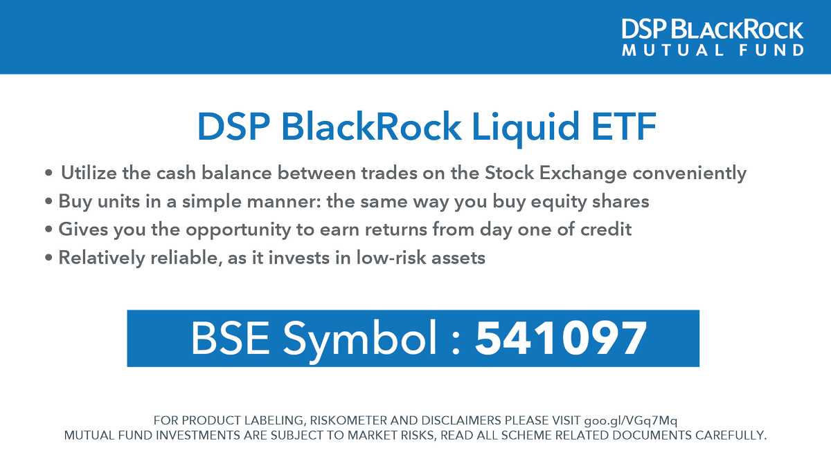 dspmf's tweet photo. Introducing a smart way to utilize the cash balance b/w trades on the stock exchange! DSP BlackRock Liquid ETF lists on @BSEIndia today! For product info: https://t.co/Ap0OJjxpiY
#KeepItLiquid https://t.co/MfDdW73bb5