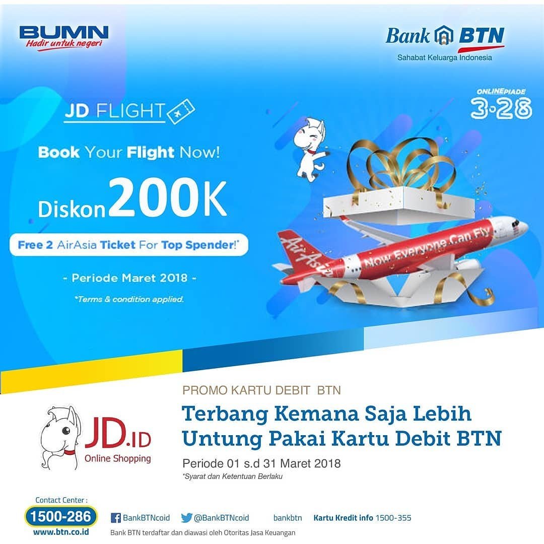 ClassyFM's tweet image. Punya rencana liburan tapi cari yang hemat?

DISCOUNT Rp250.000 tiket pesawat tujuan domestik &amp;amp; internasional dgn Kartu Debit BTN di JD.Flight.

Periode promo : 01 - 31 Maret 2018 *S&amp;amp;K hub 1500286

 #BankBTN #PromoBankBTN  #JD.ID  #JD.Flight   #LiburanHemat #LiburanMurah