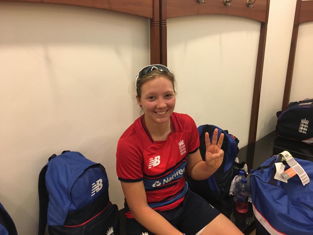 englandcricket's tweet photo. Hat-trick hero!

1️⃣-2️⃣-3️⃣✅

England win in Mumbai and @KaTie_George46 enjoys a first senior game to remember. https://t.co/BMjup57dy0