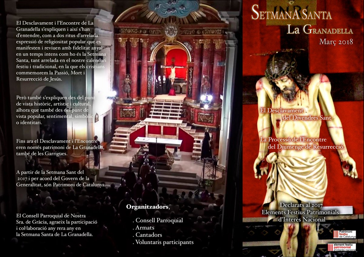 montsesas's tweet photo. Ja tenim aquí la #SetmanaSantaLaGranadella. Aquí us deixo el programa dels actes, #Desclavament de Divendres Sant i la #Processódelencontre de Diumenge de Pasqua. #elementsfestius, @patrimonigencat @PuigGordi @BibLaGranadella @AjGranadella @paerialleida @aj_Aitona @somgarrigues https://t.co/2HrUC7QRMu
