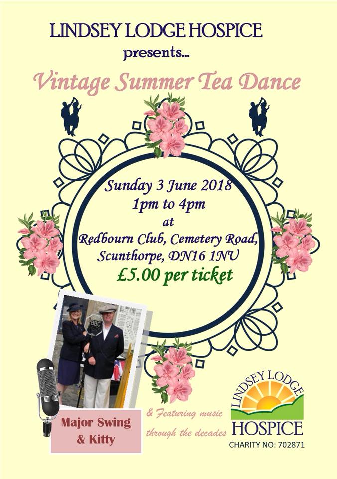 Our #Summer Vintage Tea Dance tickets are now on sale in our shops or online at lindseylodgehospice.co.uk
Priced at £5.00
Come along with your Dancing shoes entertainment is provided by the popular #Major Swing and Kitty