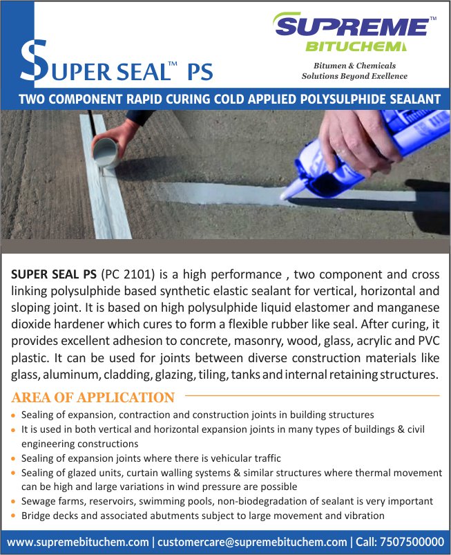 SUPER SEAL PS - Two Component Rapid Curing Cold Applied Polysulphide Sealant
supremebituchem.com
indiamart.com/supremebituche…

#polysulphidesealent #curingcompound #civilengineeringconstruction #
@Nagpur @Maharashtra @India