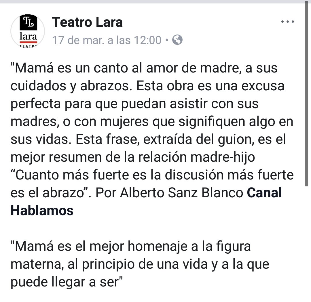 AlbertoSBlanco's tweet photo. 🎭 Crítica de #teatro sobre @mamalaobra en #TeatroLara más en https://t.co/Aqz0XFQsve y #CanalHablamos https://t.co/anygQKsW1y