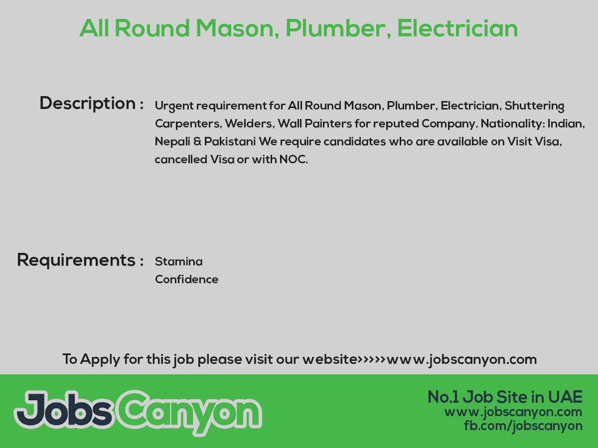 jobscanyon1's tweet photo. To Apply for this job,Please click the link> https://t.co/V2NtcxNuMV
#Engineering_Jobs #Mason_Jobs #Jobs_February #Jobs_in_Dubai #Jobs_in_UAE #Dubai #UAE #Employment_in_UAE #Jobs #No1_Job_site #Job_Group #List_of_Jobs #Jobseeker #Jobs2018 #JobsCanyon https://t.co/LF9RHz5WSm