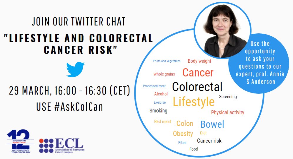 CancerLeagues's tweet photo. Get to know more about how your lifestyle choices affect the risk of colorectal cancer. Join the twitter chat next Thursday, 29 March at 16:00 (CET) and ask questions to our expert @anniescotta! Use #AskColCan for your tweets. #cancer #ECCAM18 https://t.co/WZaeFSeJVo