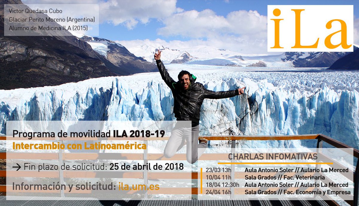 Próxima apertura del programa #ILA de #Intercambio con Latinoamérica para estudiantes de grado de la <a href="/UMU/">Universidad Murcia</a> 
El plazo de solicitud finalizará el 25 de abril de 2018 
¡Ven e infórmate en nuestras charlas informativas! V 23/03 | M 10/04 | X 18/04 | M 24/04
um.es/web/internacio…