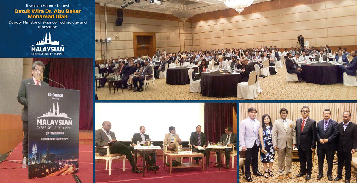 ECCOUNCIL's tweet photo. Thanks to the Honorable Datuk Wira Dr. Abu Bakar Mohamad Diah, Deputy Minister of Science, Technology and Innovation for inaugurating and speaking at the EC-Council's Malaysian Cyber Security Summit.
#MCSS2018 #ASEANsecurity #ECCouncil https://t.co/ZbwSrf6qfd