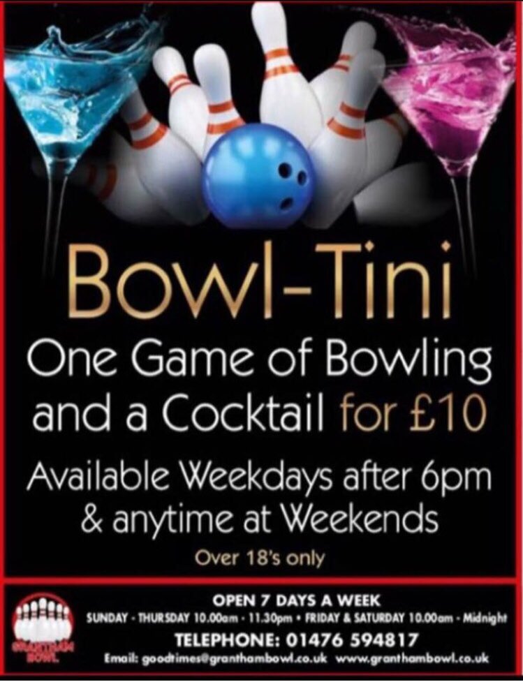 GranthamBowl's tweet photo. Bowling and a cocktail for £10! That’s what we call a good deal!
#bowling #cocktails #funtimes https://t.co/ah8QCZTKf4