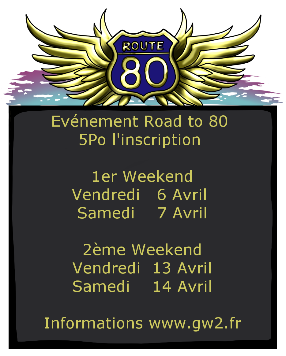 GW2_FR's tweet photo. Les inscriptions de notre événement "Road To 80" sont ouvertes. 
Prenez le temps de lire le déroulement ainsi que le règlement sur notre site : https://t.co/gmw301tg69 
De très belles récompenses à la clé ! #GW2 
https://t.co/ZPh7tFYtH9 https://t.co/VhptEneTeN