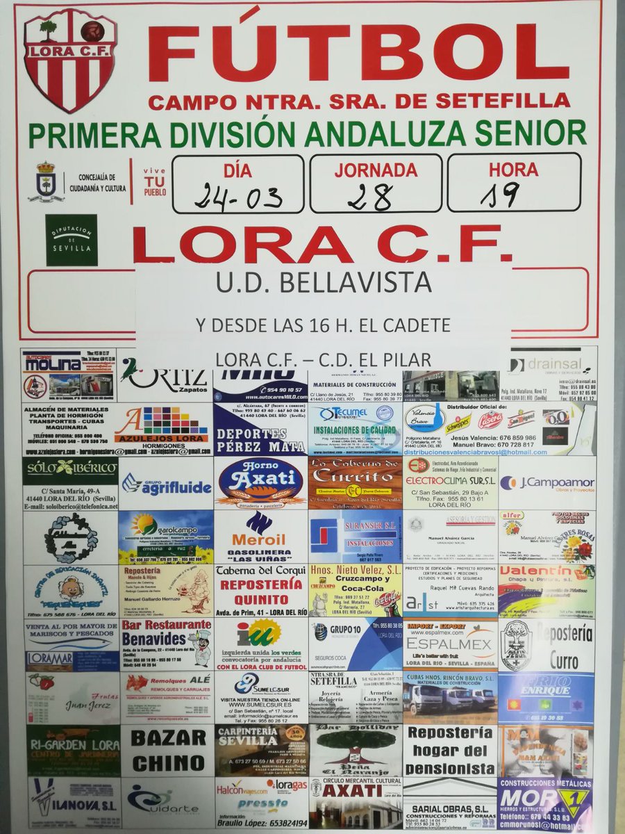SÁBADO 24 MARZO 19h partido importante @1ANDSEVILLA jorn 28 #LoraCF vs <a href="/UDB1975/">UDB</a> VENTE AL FÚTBOL y LLEVA A TU EQUIPO a conseguir la VICTORIA!! #VamosLora #ObjetivoPermanencia