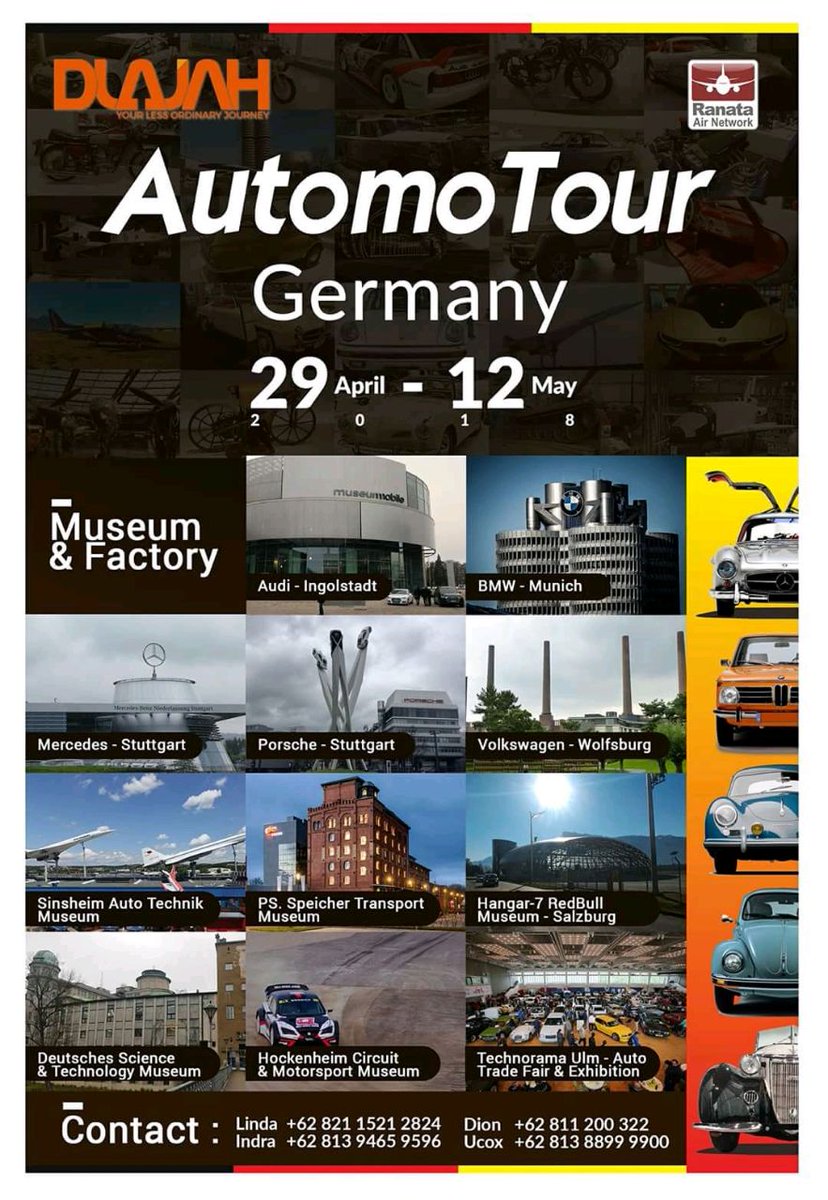 Mau keliling Eropa sambil mengunjungi pabrik dan museum otomotif legendaris? Yuk, Ikutan "Automotour Germany 2018" tanggal 29 April sampai 12 Mei 2018. #tour #traveling #wisata #otomotif #automotour #bmw #audi #porsche #mercedes #vw #Volkswagen