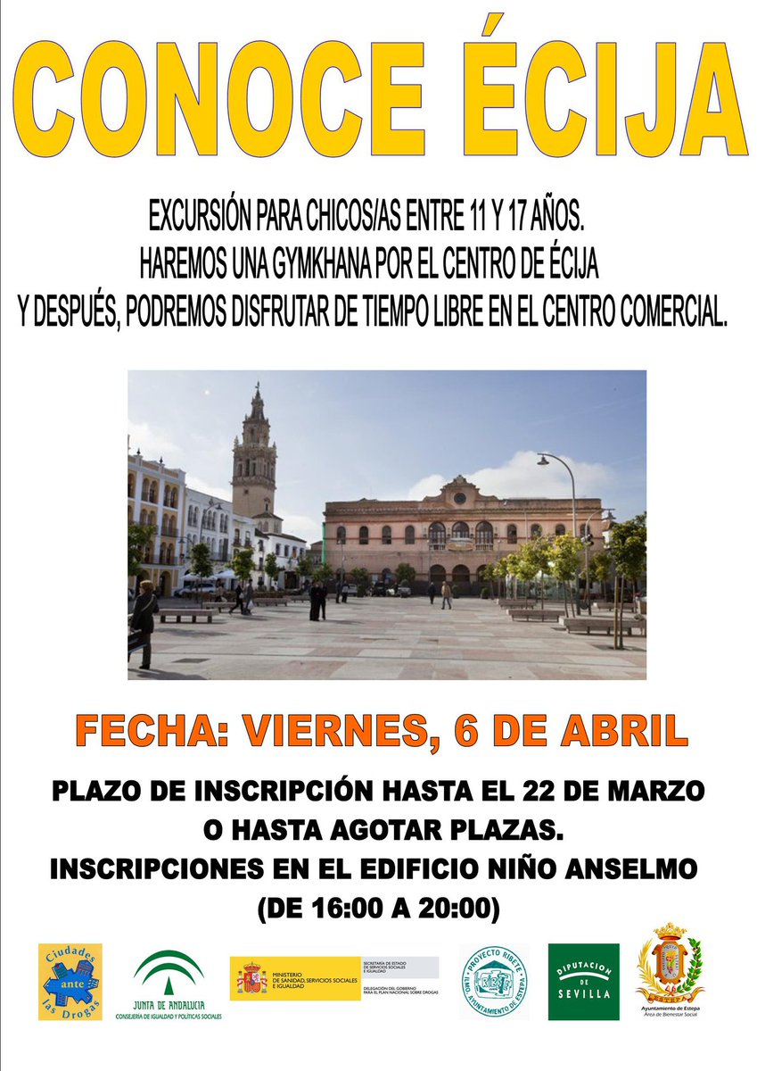 ribetestepa's tweet photo. ¡VENTE DE EXCURSIÓN!
 CONOCE ÉCIJA
 Próximo 6 de Abril de 2018.
 Hora de salida: 16:00 desde el Edificio Alcalde Niño Anselmo.
 Inscripciones hasta el 22 de Marzo o hasta agotar plazas en el Edificio Alcalde Niño Anselmo en horario de 16:00 a 20:00. https://t.co/h2dKQJVt7e