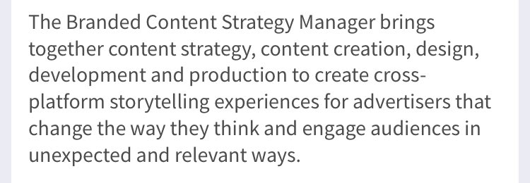 matthewcerrone's tweet image. #ContentJob &amp;gt;&amp;gt; @USATODAY is hiring a #BrandedContent Strategy Manager &amp;gt;&amp;gt; linkedin.com/jobs2/view/631…

Buzzwords: Development, Design, Production, Storytelling, Ideas...