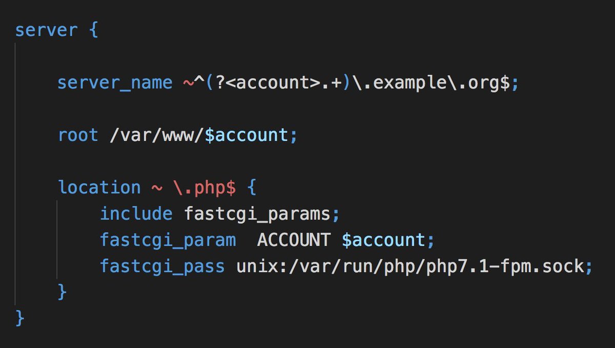🏄‍♂️ Nginx supports all sorts of dynamic configuration, love it Here we take a wildcard subdomain to create variable $account, and: A) Set a dynamic web root B) Set a fastcgi variable PHP can read from $_SERVER (Do whichever makes sense for you)