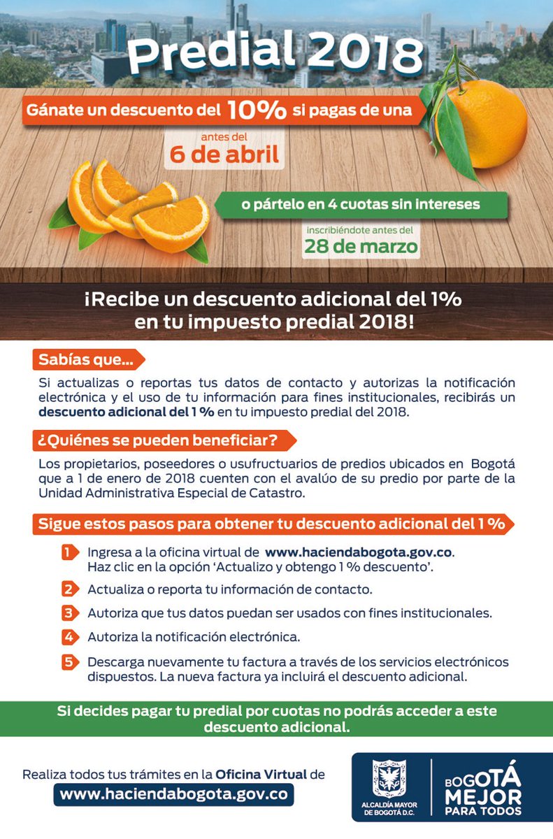HaciendaBogota's tweet photo. Gánate un descuento adicional del 1% en el pago de tu #PredialBogotá 2018 👩‍💻sigue el paso a paso. https://t.co/QhB9O8OFwU