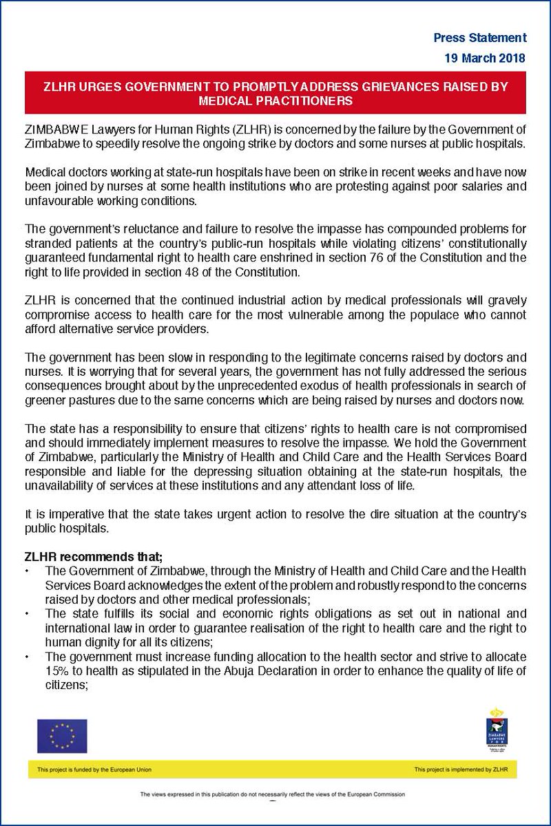 ZLHR URGES GOVERNMENT TO PROMPTLY ADDRESS GRIEVANCES RAISED BY MEDICAL PRACTITIONERS