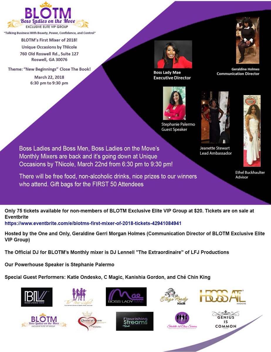 TheBossLadiesTV's tweet photo. Are you attending BLOTM's First Mixer of 2018, Thursday March 22, 2018 at Unique Occasions by TNicole 760 Old Roswell Rd., Suite 127 Roswell, GA 30076?

Be a part of a TV Show, enjoy good food, drinks, live music, gift bags, and great door prizes. Tickets https://t.co/IyBgEmpC3W https://t.co/PRUCuuIXcT
