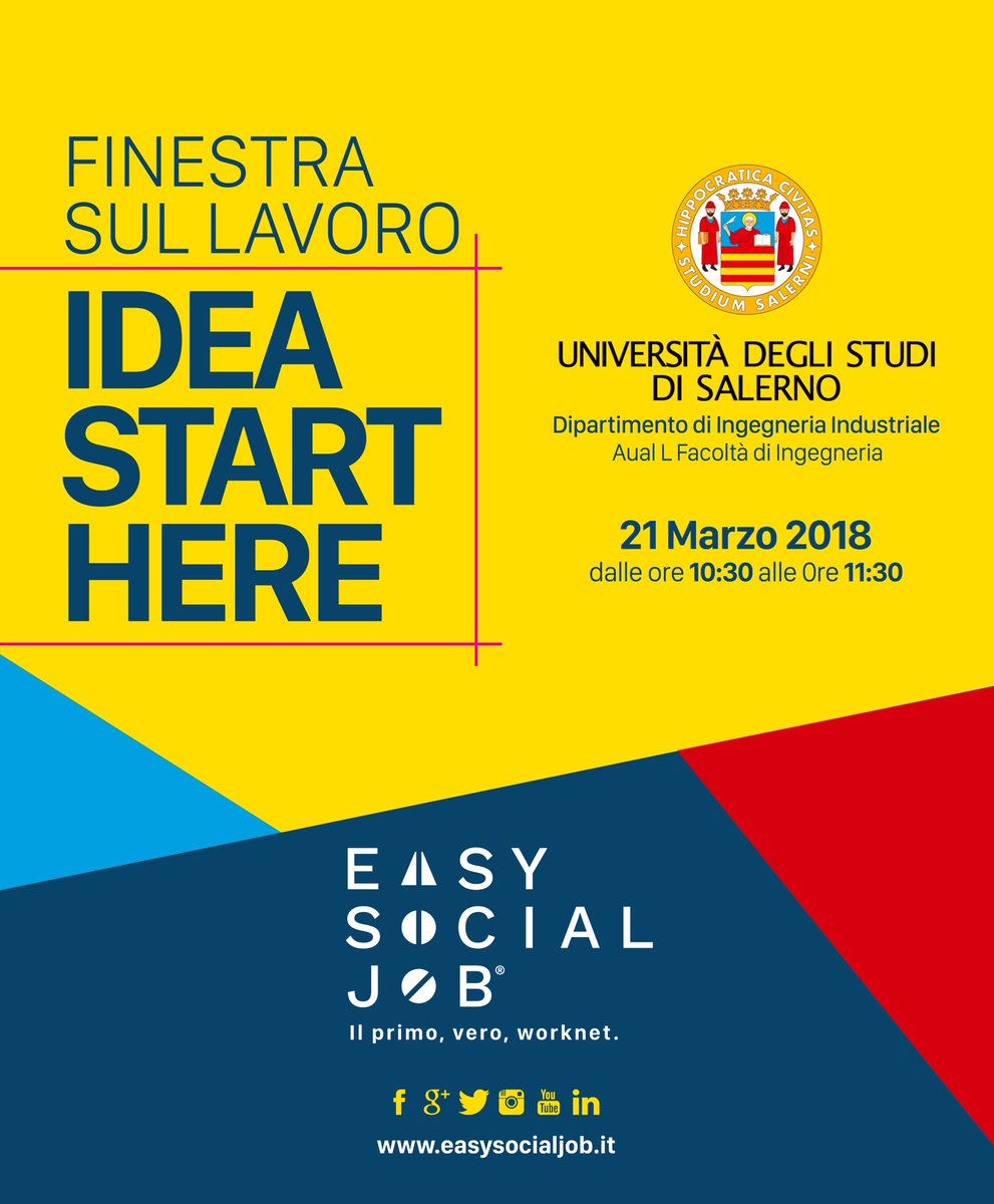 EasySocialJob's tweet image. 📌 Save the date!
➡️ Domani 21 Marzo dalle 10.30 alle 11.30, in Aula L, presso @UniSalerno nell'ambito degli incontri "Finestra sul lavoro" #EasySocialJob presenterà agli studenti il #worknet innovativo che trasforma i progetti in vere e proprie #startup.