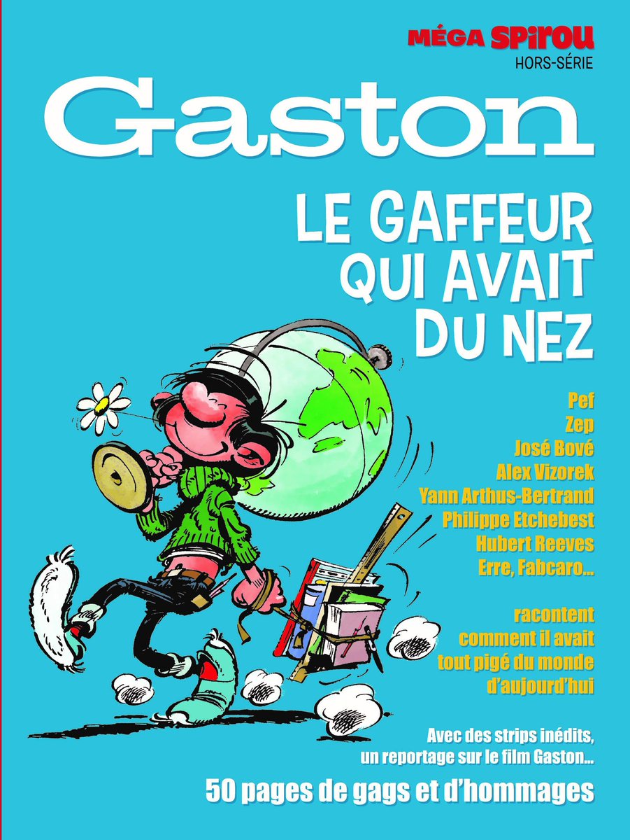 J_Lachasse's tweet photo. Un Méga Spirou spécial Gaston sera disponible en kiosque le 21 mars et en librairie le 6 avril. @Yann_A_B, @cdion, @josebove, Hubert Reeves, Philippe Etchebest, @alexvizorek et @Zeptheworld y parleront de la modernité de Gaston #Franquin https://t.co/1hW76OxK7y