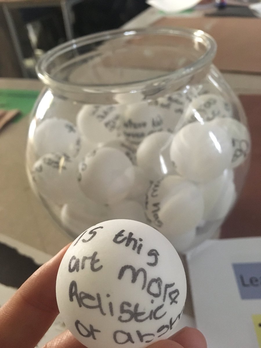 TKATLEARNING's tweet photo. A new way to randomise the questioning? Ping pong balls with questions written on to them evaluate work in KS4 Art. #HigherOrderQuestions https://t.co/bN5kuKDGwK