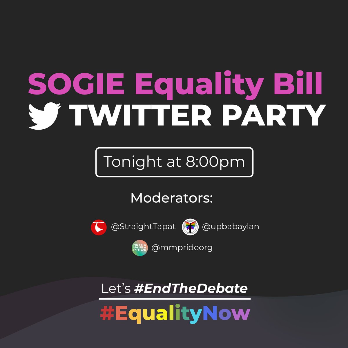 mmprideorg's tweet photo. ⚡️LIGHTNING CONVO ALERT!⚡️

Tomorrow is the last day to push for the #SOGIEBill before the suspension of Senate sessions.

Join the Convo at 8PM to ask @senatePH to #EndTheDebate on #EqualityNOW! 

Talk to you at 8PM, mga mahal!✊🌈 https://t.co/mpRR0WpsvW
