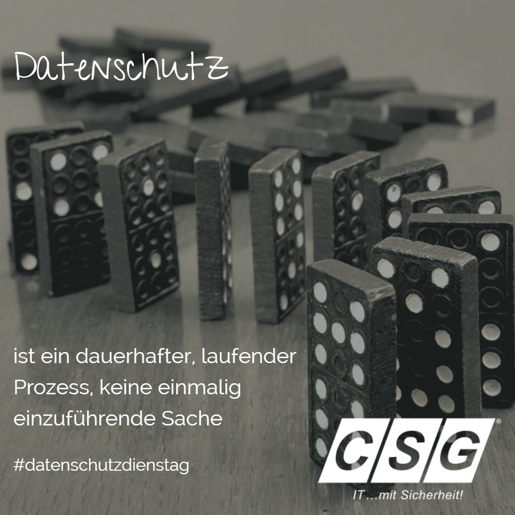 Datenschutz ist ein dauerhafter, laufender Prozess, keine einmalig einzuführende Sache - packen wir es an!
#csg #itmitsicherheit #eudsgvo #dsgvo #umdenken #datenschutzdienstag