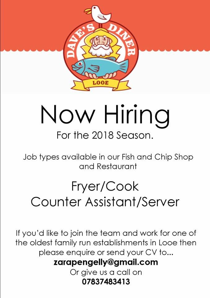 Now hiring for the season! We are looking for fun, dedicated members of staff who will work well as part of a team in our fast paced diner!🐟